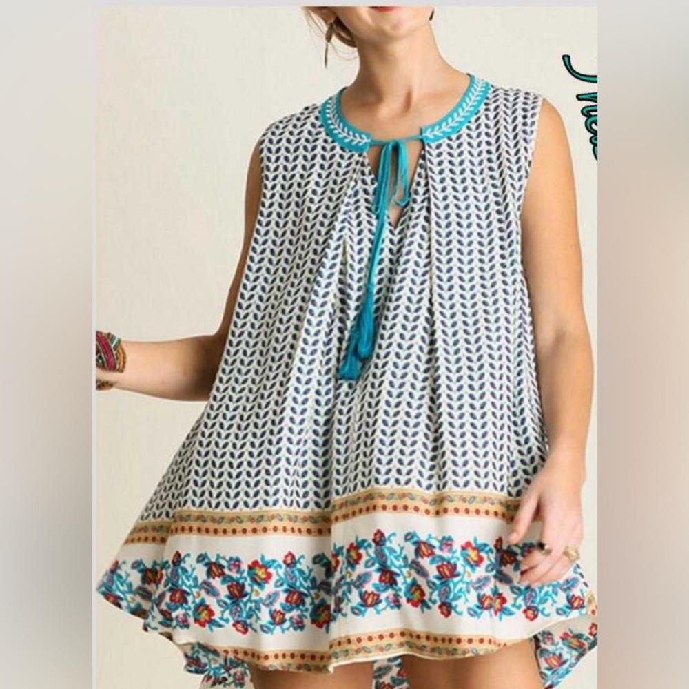 Umgee White Tunic with Teal Accents and Multicolor Floral Border